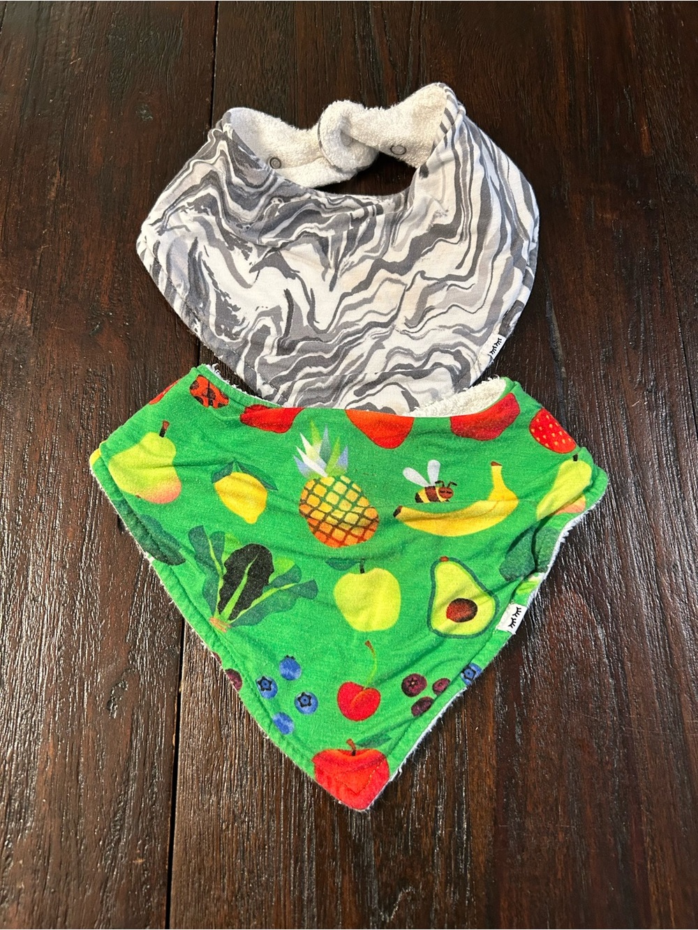 Little Sleepies Bandana Bibs - Gray Marble & Green Fruit Prints